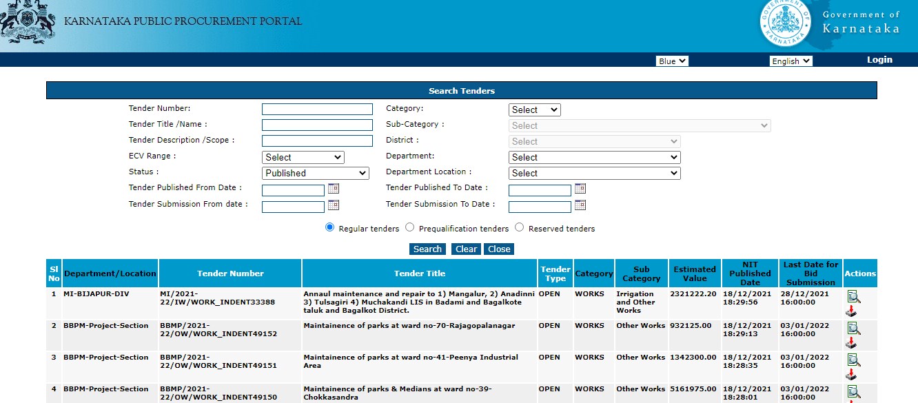 e-Procurement Tenders List (Karnataka) - PDF Preview